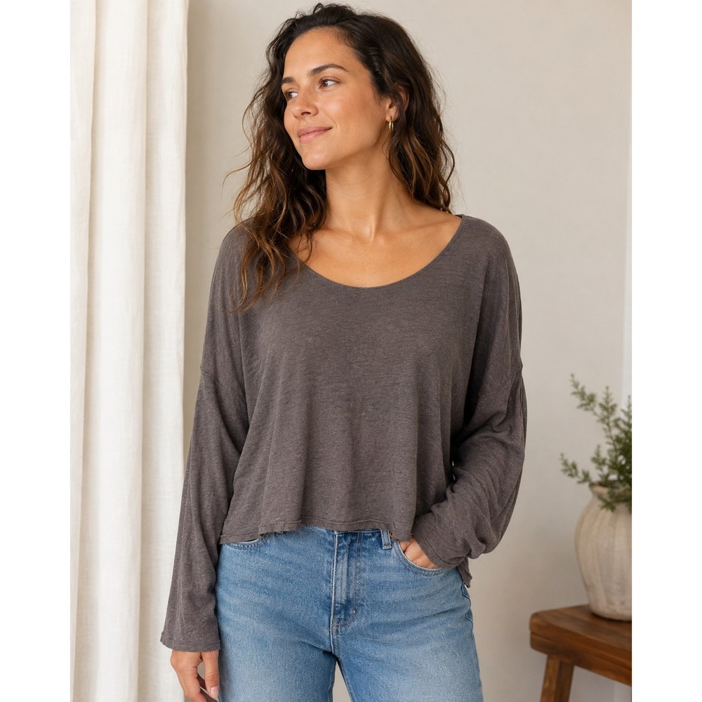 Garnet Hill Top L Taupe 100% Linen Boat Neck Dolman Relaxed Long Sleeve